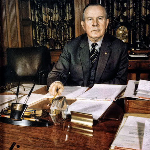 Prime Minister of Canada from 1963 to 1967; Lester B. Pearson seen here seated at his desk