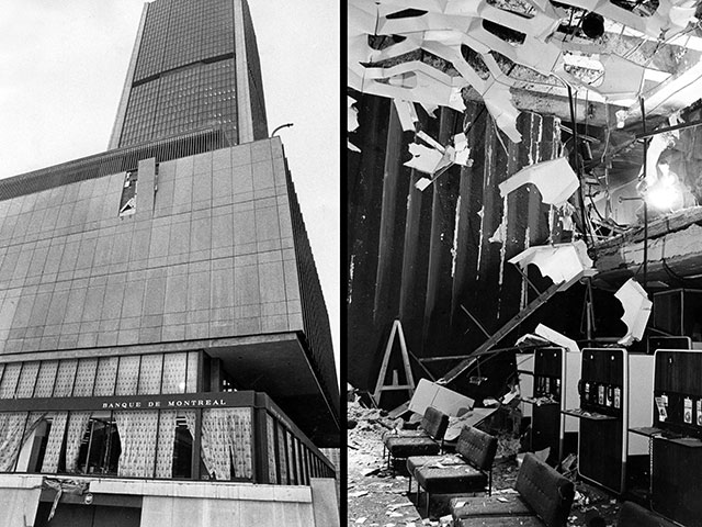 Dégâts produits par l'explosion à l'extérieur et à l'intérieur de l'édifice de la Bourse de Montréal