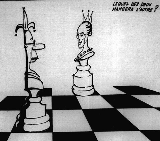 Caricature illustrant les relations plutôt tendues qui existent entre Daniel Johnson et Pierre Elliott Trudeau