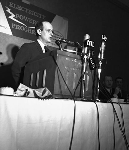 Minister of Natural Resources, René Lévesque, makes a speech during National Electricity Week in 1962