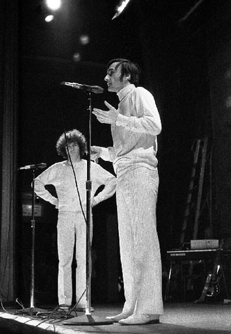 Two stars of the colourful L'Osstidcho, Robert Charlebois and Yvon Deschamps on stage