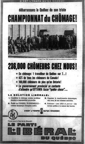 Publicité du Parti libéral lors de la campagne électorale de 1960 condamnant le chômage au Québec