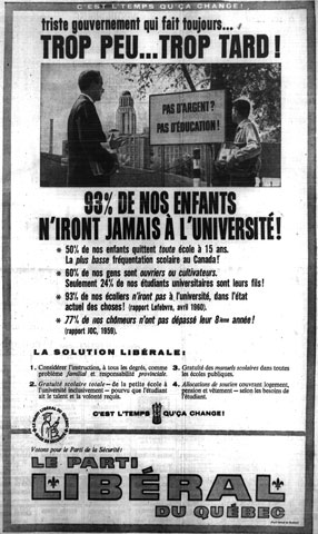 Publicité du Parti libéral lors de la campagne électorale de 1960 portant sur l'éducation