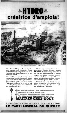 Publicité du Parti libéral lors de la campagne électorale de 1962 qui a comme principal enjeu la nationalisation de l'électricité