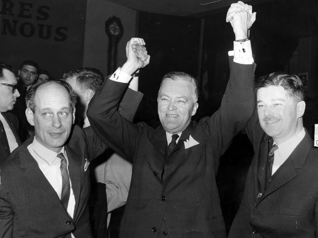 Jean Lesage and his two star candidates, René Lévesque and Paul Gérin-Lajoie